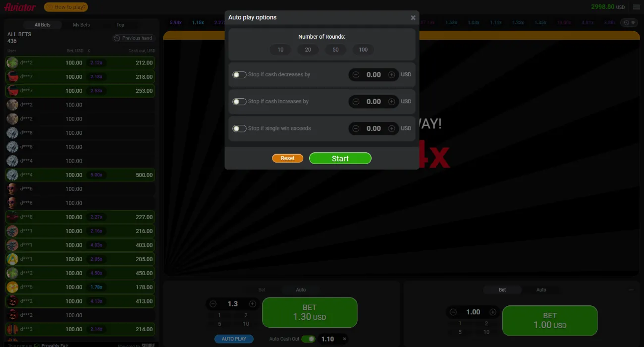 A summary of the betting tools available in Aviator